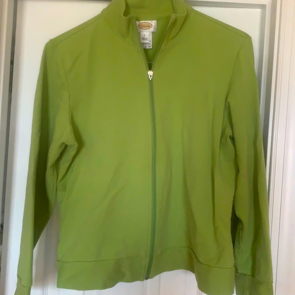 Talbots green zip-up knit cardigan.